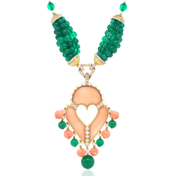 Cartier, 18K Gold Chrysoprase Bead Coral Diamond Pearl Pendant Necklace