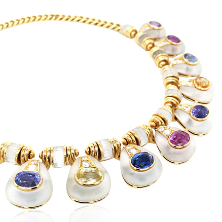 Bvlgari, Collier et boucles d'oreilles en or 18 carats de Ceylan sans chauffage, saphir couleur, cristal de roche et diamants, AGL